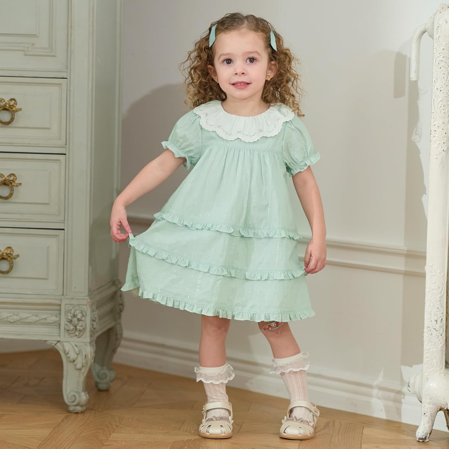 DAVE&BELLA Toddler Baby Girls Summer Dress, Short Puff Sleeve Cotton Sundress Blue Striped Floral Embroidery Prince Dresses