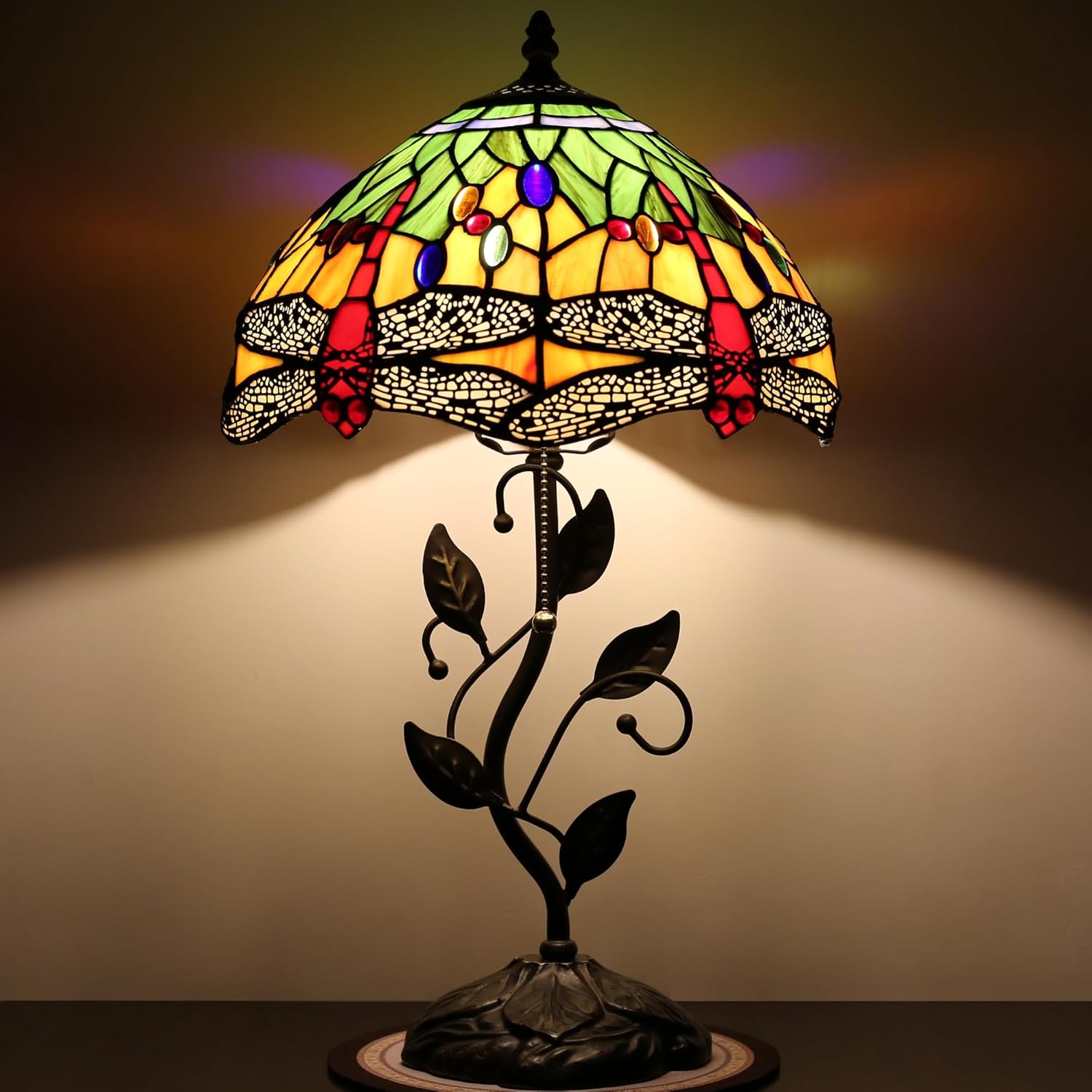 Tiffany Table Lamp Stained Glass Lamp Bedside Desk Reading Light W12H19 Inch Metal Leaf Base with Metal Leaf Base Bedroom Living Room (Yellow Dragonfly Style)