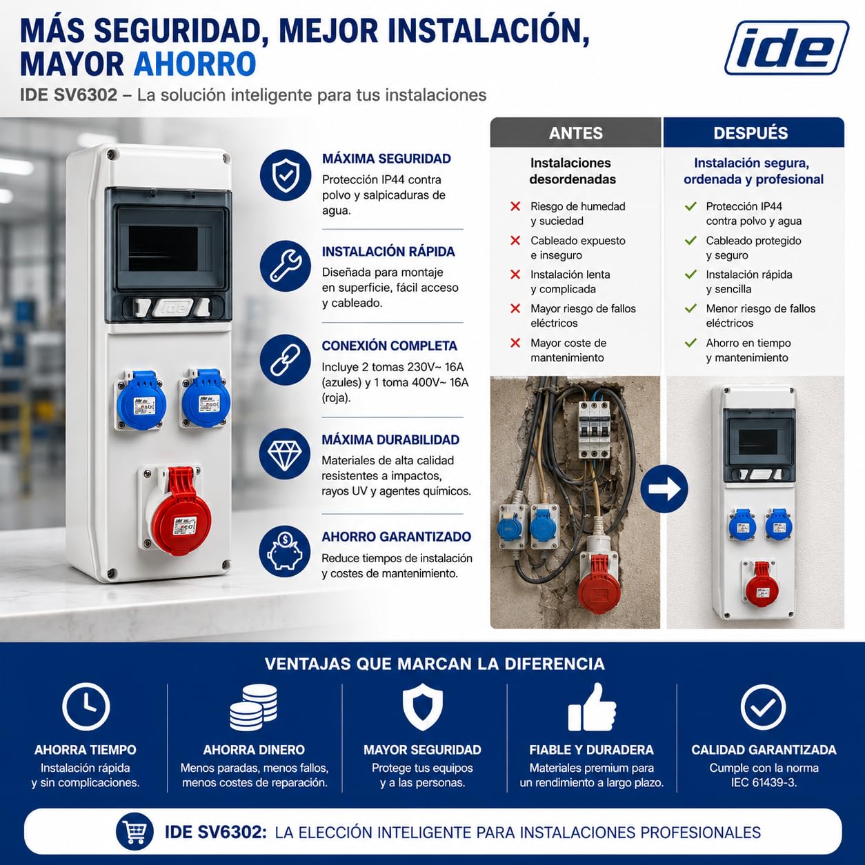 CABLEPELADO Caja distribucion electrica superficie IP44 con 3 bases 3P+T Blanco