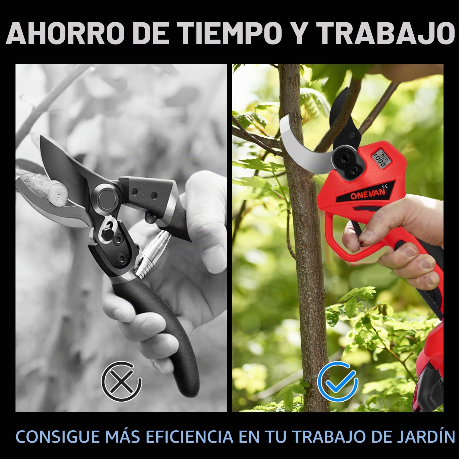 ONEVAN podadora electrica bateria, diámetro de corte de 45 mm, tijeras de podar electricas con 2 baterías de 2,0 Ah, sin escobillas, pantalla LCD, tesoura de podar para jardines