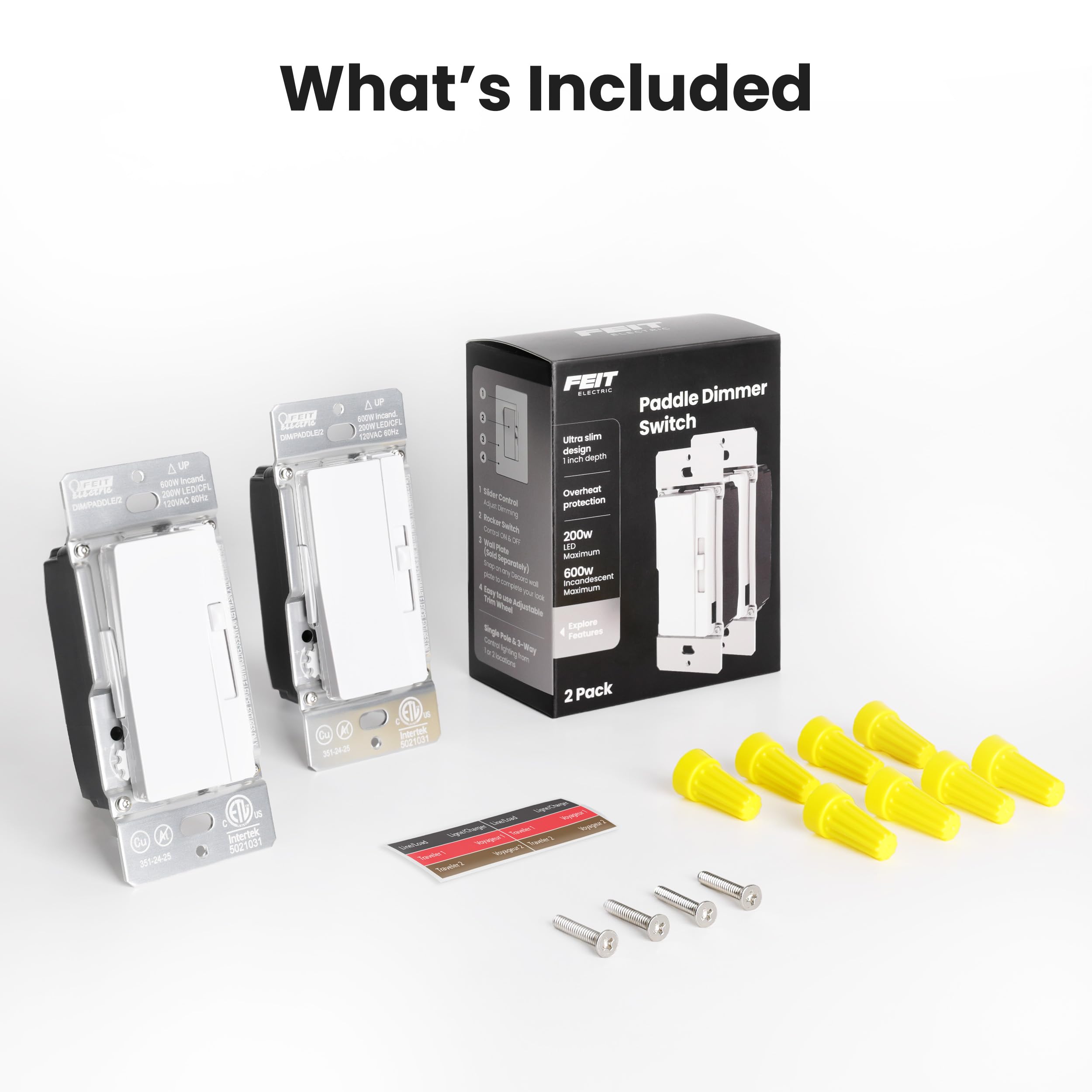 Feit Electric 2 interruttori dimmer per lampadine a LED dimmerabili, interruttore a levetta singolo o 3 vie, piastra a muro e montaggio dadi metallici, DIM/Paddle/2