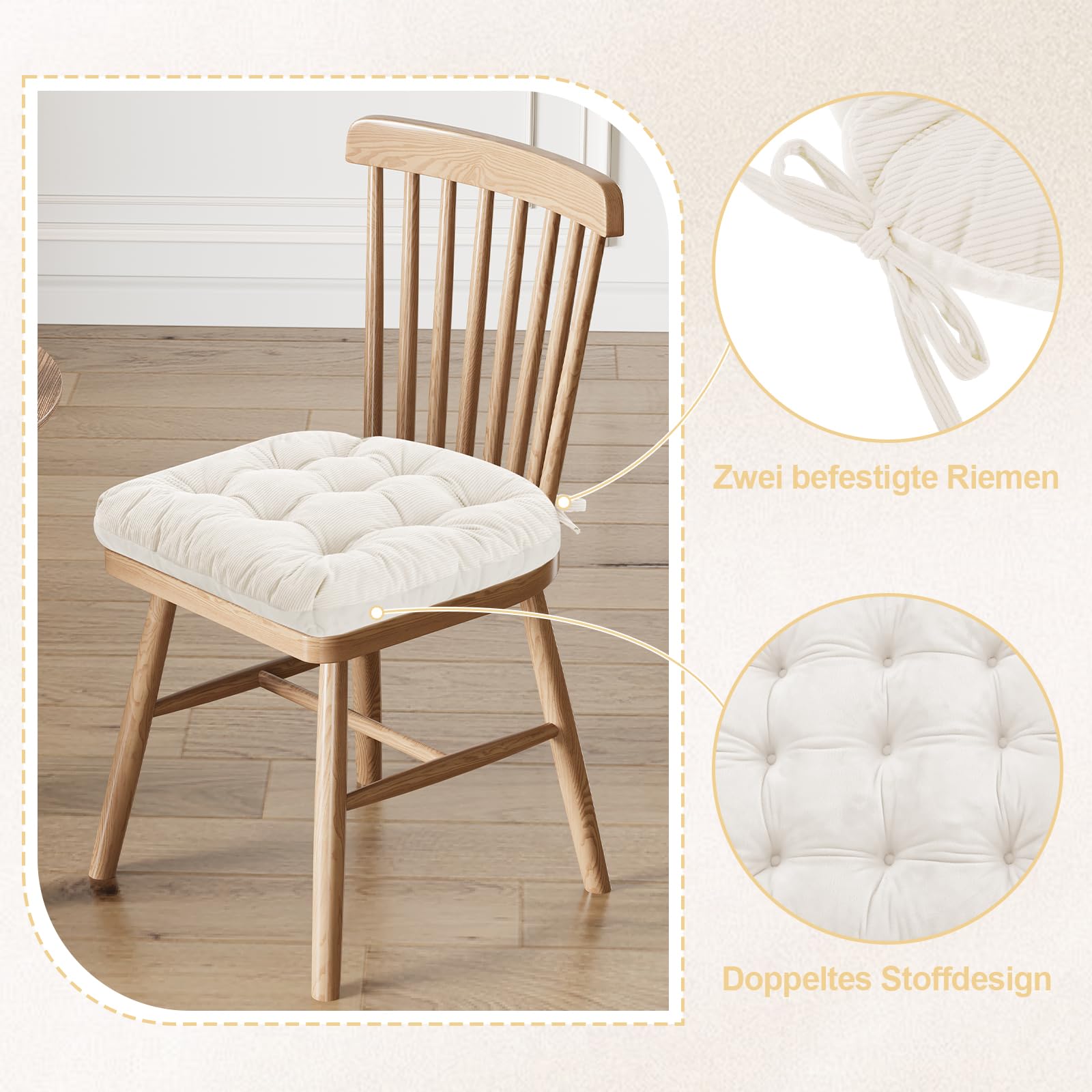 2er Set Stuhlkissen, 50x50x7 cm, Beige – Bequeme Sitzkissen aus Cordstoff und Kristallsamt mit Bindebändern, ideal für Esszimmer, Büro, Wohnzimmer und Gartenstühle, Hochwertige Füllung