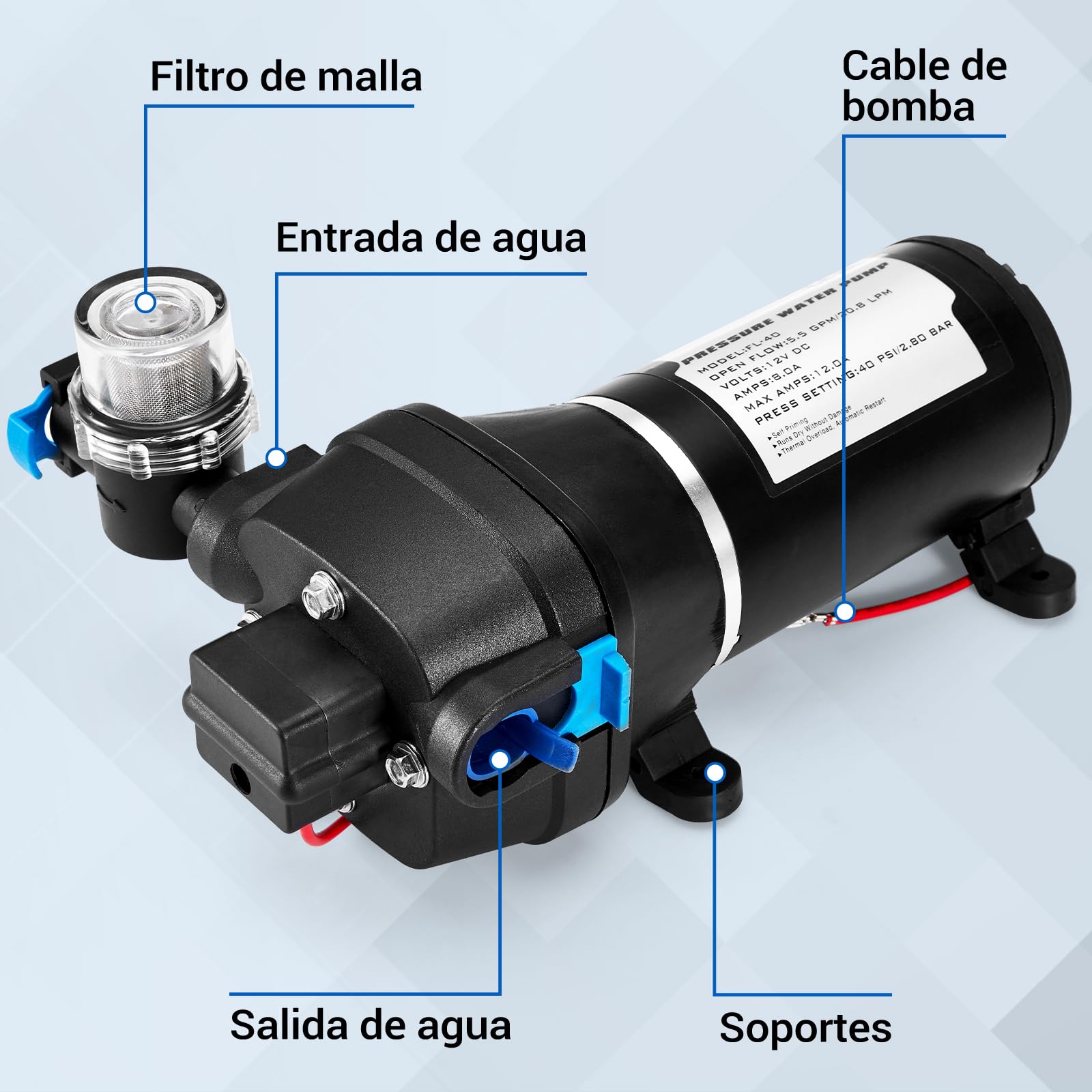 Bomba de Agua 12V para Autocaravanas con Filtro de Malla, Bomba de Membrana 20,8 LPM, Presión de Servicio 40 PSI, Potencia 180 W, Corriente 12 A, para Caravanas y Jardines