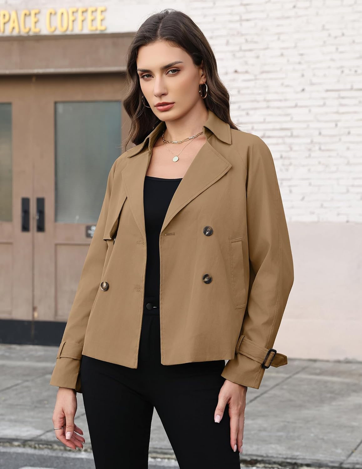 AGSEEM Womens Cropped Trench Coat Casual Double Breasted Long Sleeve Lapel Short Jackets with Pockets Fashion Outerwear 2026 - Image 2