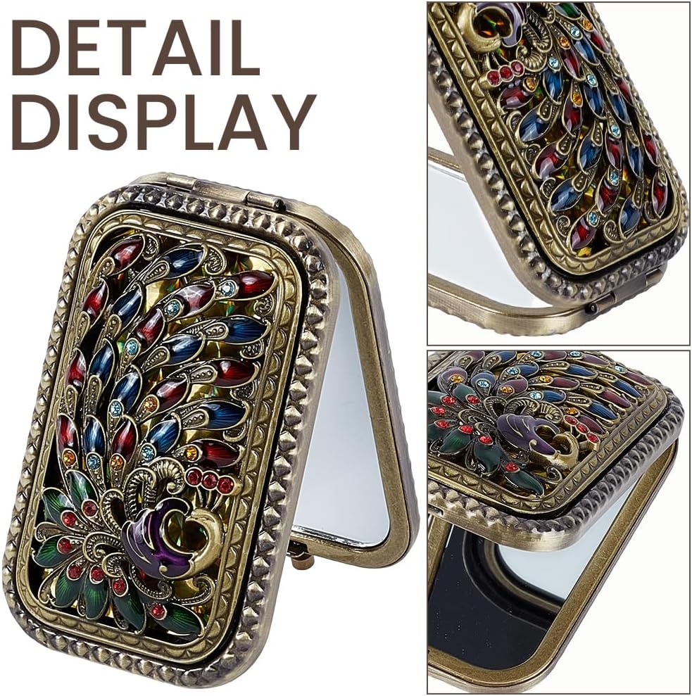 Vintage Foldable Makeup Mirror Mini Vintage Pocket Mirror Retro Peacock Pattern Double Sided Compact with Normal and Magnifying Glass Touch up Essential Mini Vanity for Women Travel Makeup image 5