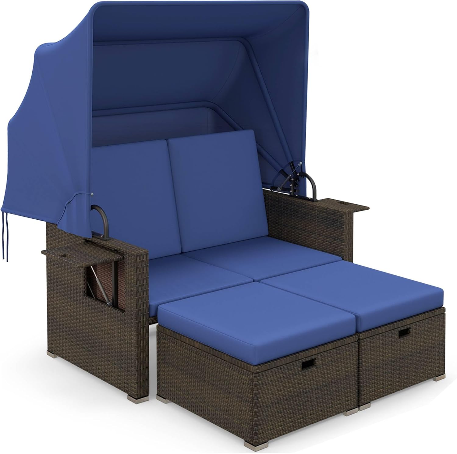 Tangkula Outdoor Rattan Daybed with Retractable Canopy & 4-Position Adjustable Backrests, 2 Folding Side Tables & 2 Storage Ottomans, Cushioned 2-Person Sunbed Lounger for Garden, Backyard, Poolside