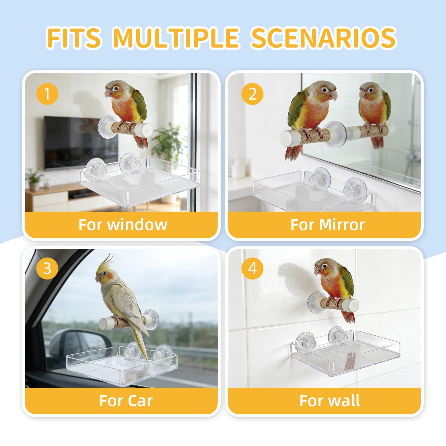 2-in-1 Bird Perch with Removable Tray | Suction Cup Bird Perch with Locking Guard & Feeder Tray | for Small and Medium Birds Like Parakeets, Cockatiels, Lovebirds, Conures(Clear,Medium) - image 4