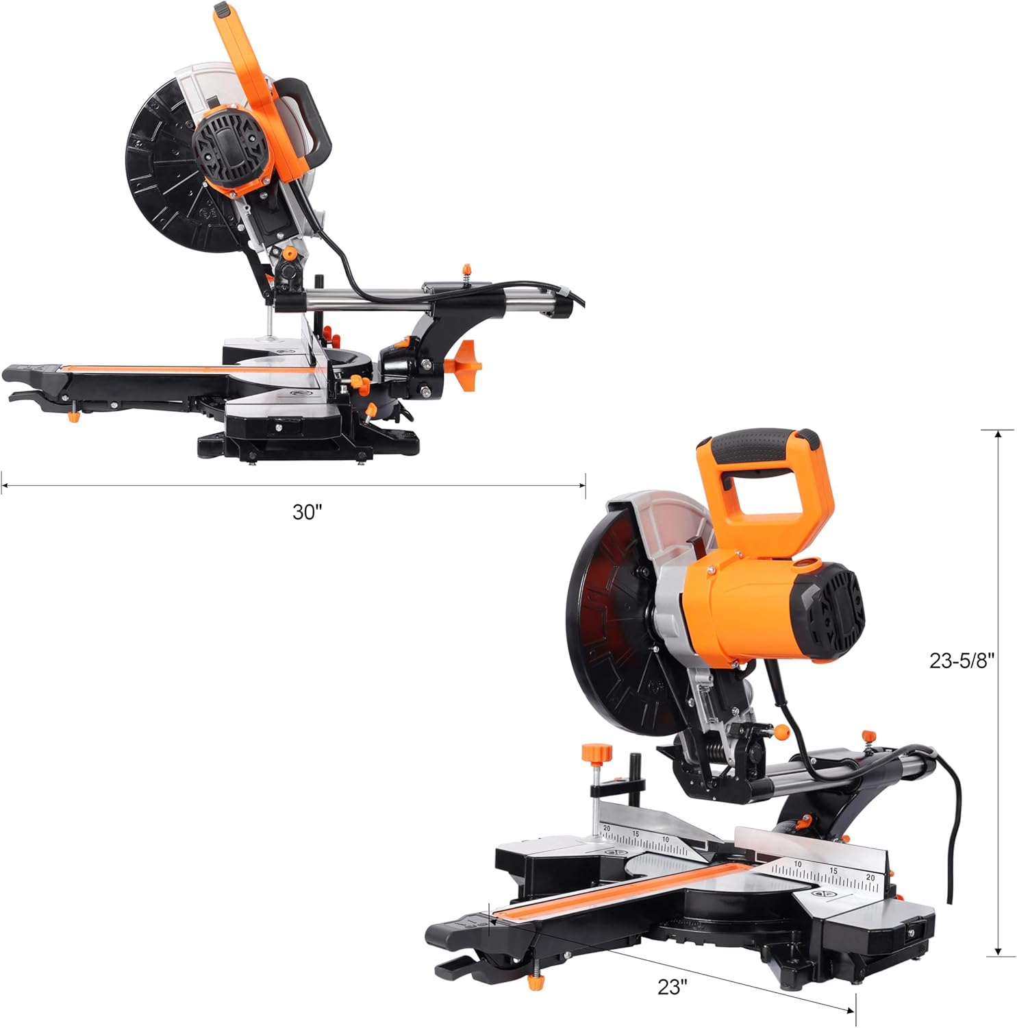 10 Inch Sliding Miter Saw Single Bevel Dual Speed 5000 RPM 3200 RPM 48 Tooth Blade Angle Cutting Power Tool Black+Orange