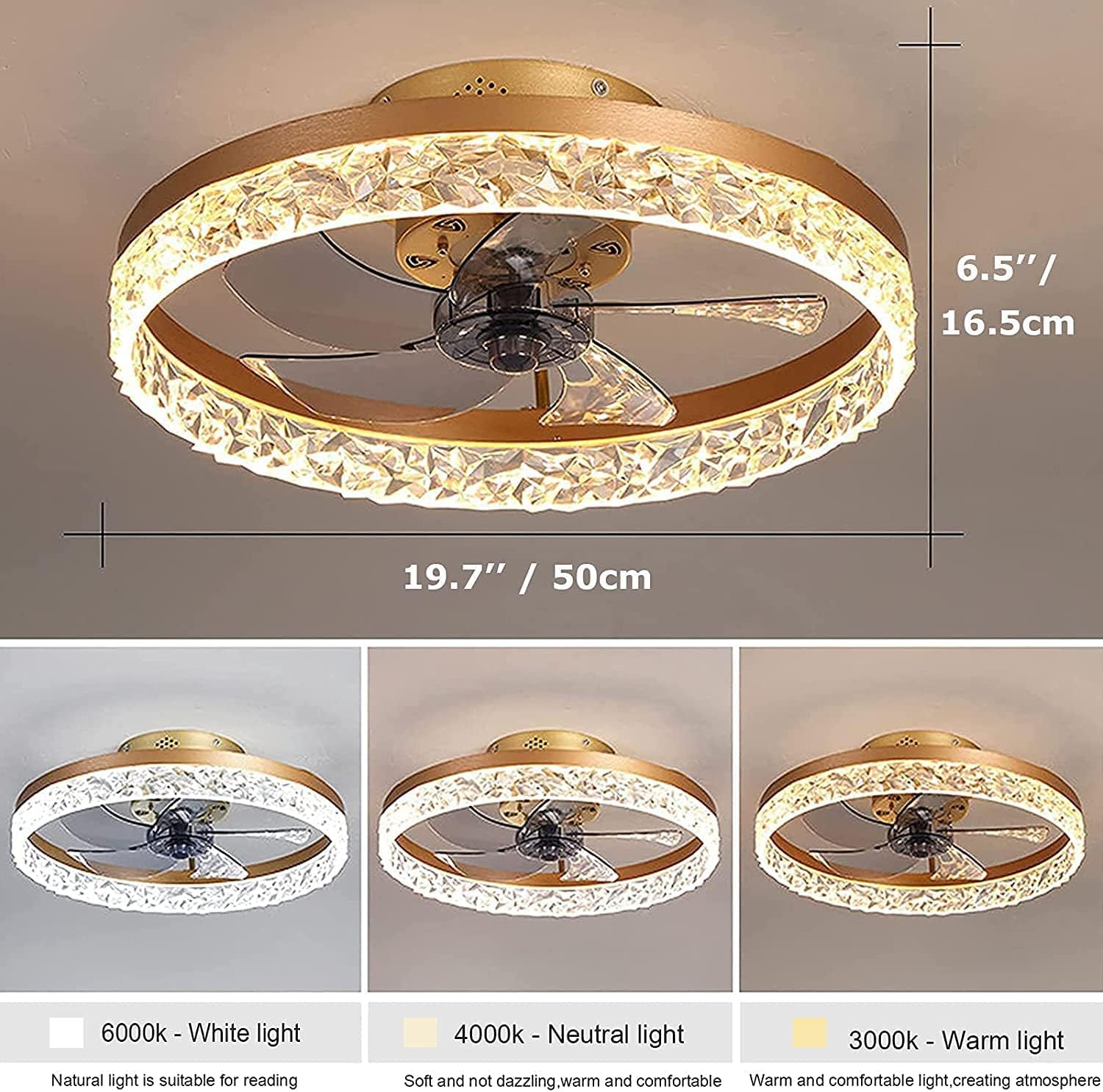 19.7" Ceiling Fan with Lights Remote Control, Modern Enclosed Bladeless Ceiling Fan