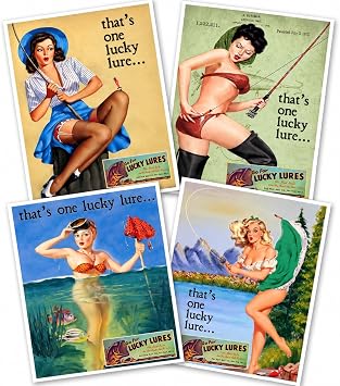 Vintage Pin-Up Fishing Art Prints Set of 4 | Lucky Lures Retro Fishing Poster Wall Art | Pin Up Girl Man Cave, Lake House, Cabin & Bait Shop Decor | Fisherman Gifts for Men | Vintage Reprint