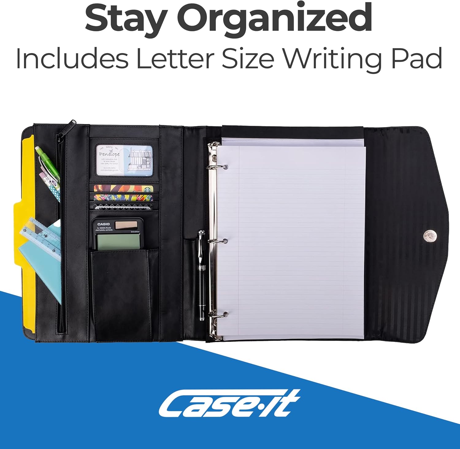 Case-it VP Pro Padfolio Portfolio Binder, Removable 1 Inch O-Ring Binder, Includes Letter Size Writing Pad, Tri Fold Snap Closure, Multiple Pockets, Black (LL-PRO-35)
