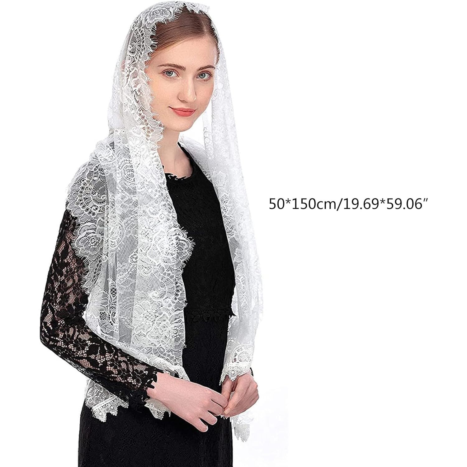 Biały welon koronkowy, nakrycie głowy, szal kościelny, mantilla, nieskończoność, koronka, welon katolicki
