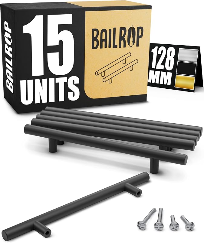 BAILROP Fekete Bútor Fogantyú 128mm - 15 Darabos Szett Konyha és Ajtóhoz