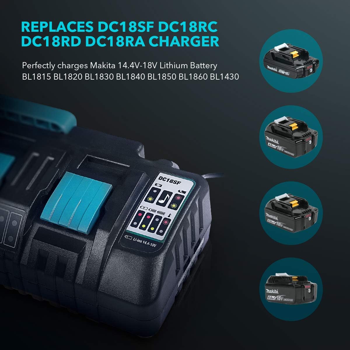 Flash Deals - 70% OFF Wokyy DC18SF 18V 4-Port Charger Replacement for Makita 14.4V-18V LXT Lithium Batteries BL1830 BL1840 BL1850 BL1860 BL1815 BL1430