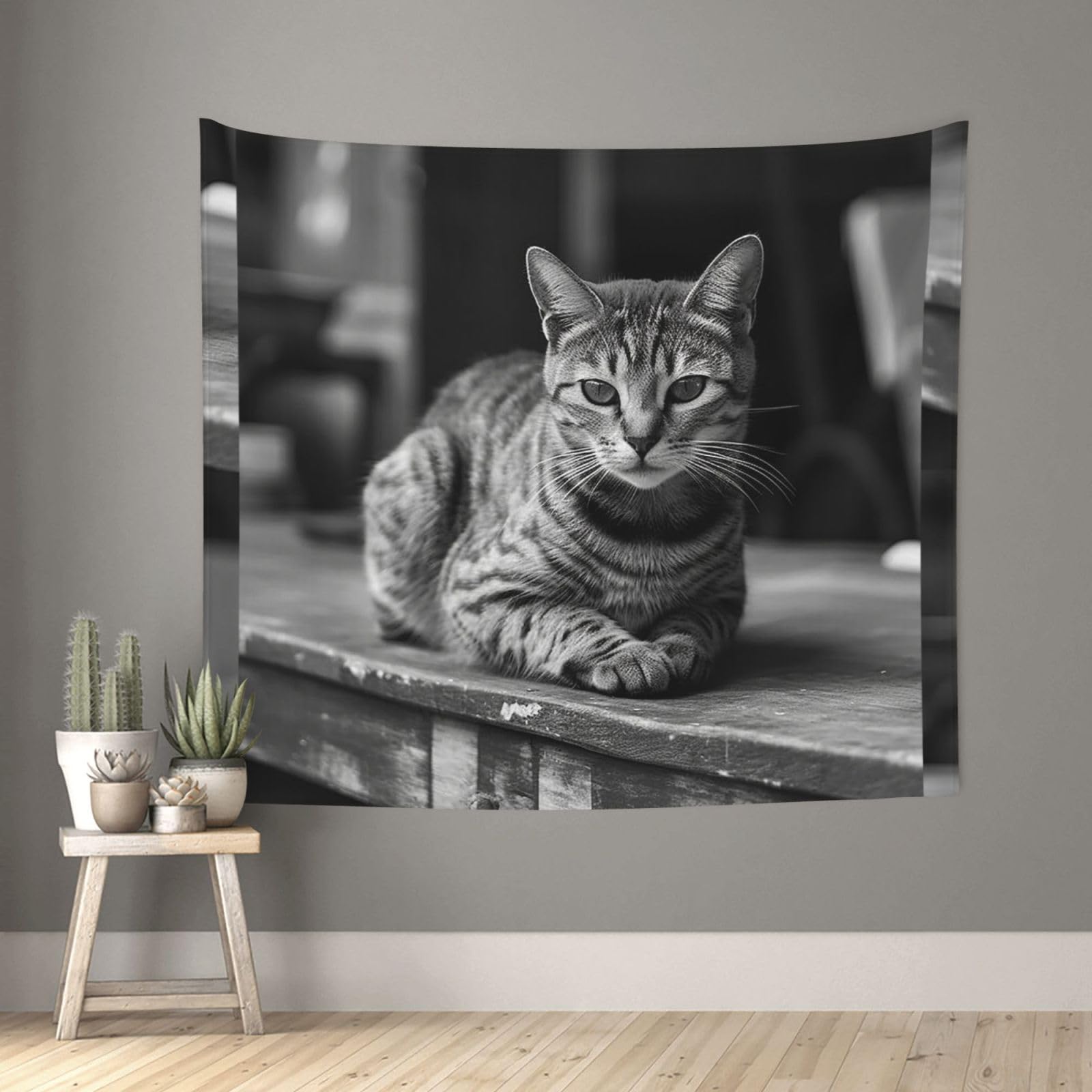 QMKFWT Living Room 60x51 InchA Gray Cat Tapestry Backdrop Wall Hanging Flag Indoor Outdoor Wall Art Tapestries Wall Decor Blanket Beach Throws Funny Banner Poster for Dorm, Bedroom