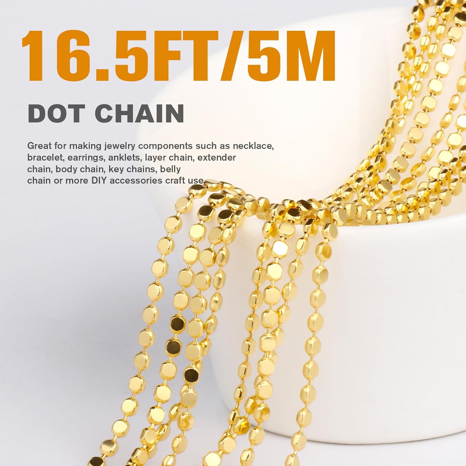 16.5FT Gold Dot Chains Roll, 2.5MM 18K Gold Plated Brass Flat Ball Bead Chains Spool Bulk for Jewelry Making - Image 2