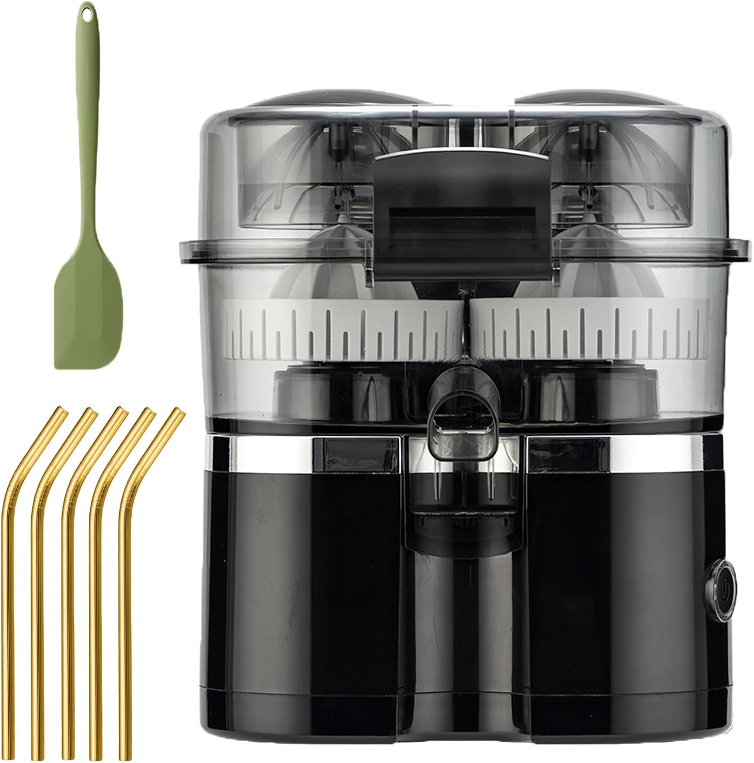 Dual-Head Automatic Citrus Juicer whit Stainless Steel Straws and Food-Grade Spatulas, Electric Squeezer with Built-in Fruit Cutter & Dual Cones, for Orange, Lemon, Lime (white)