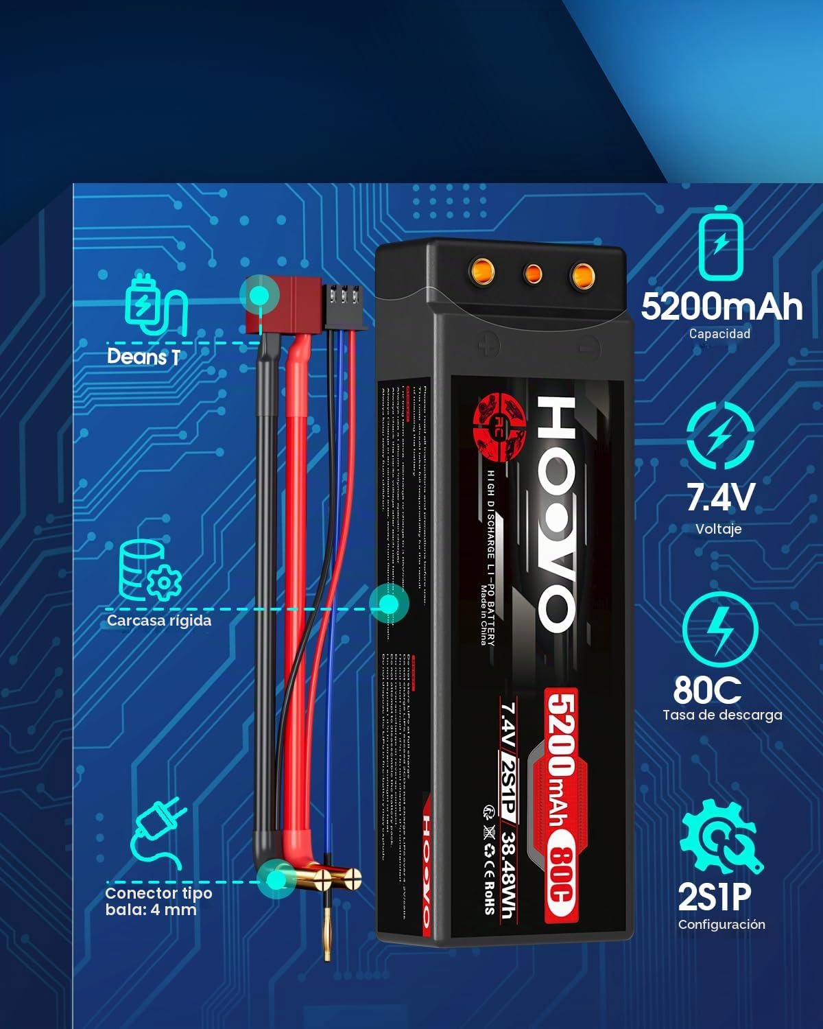 HOOVO 2S Batería de LiPo 7,4 V 80 C 5200 mAh RC Batería rígida con conector Deans-T para RC Auto Barco Camión Truggy RC Hobby (2 paquetes)