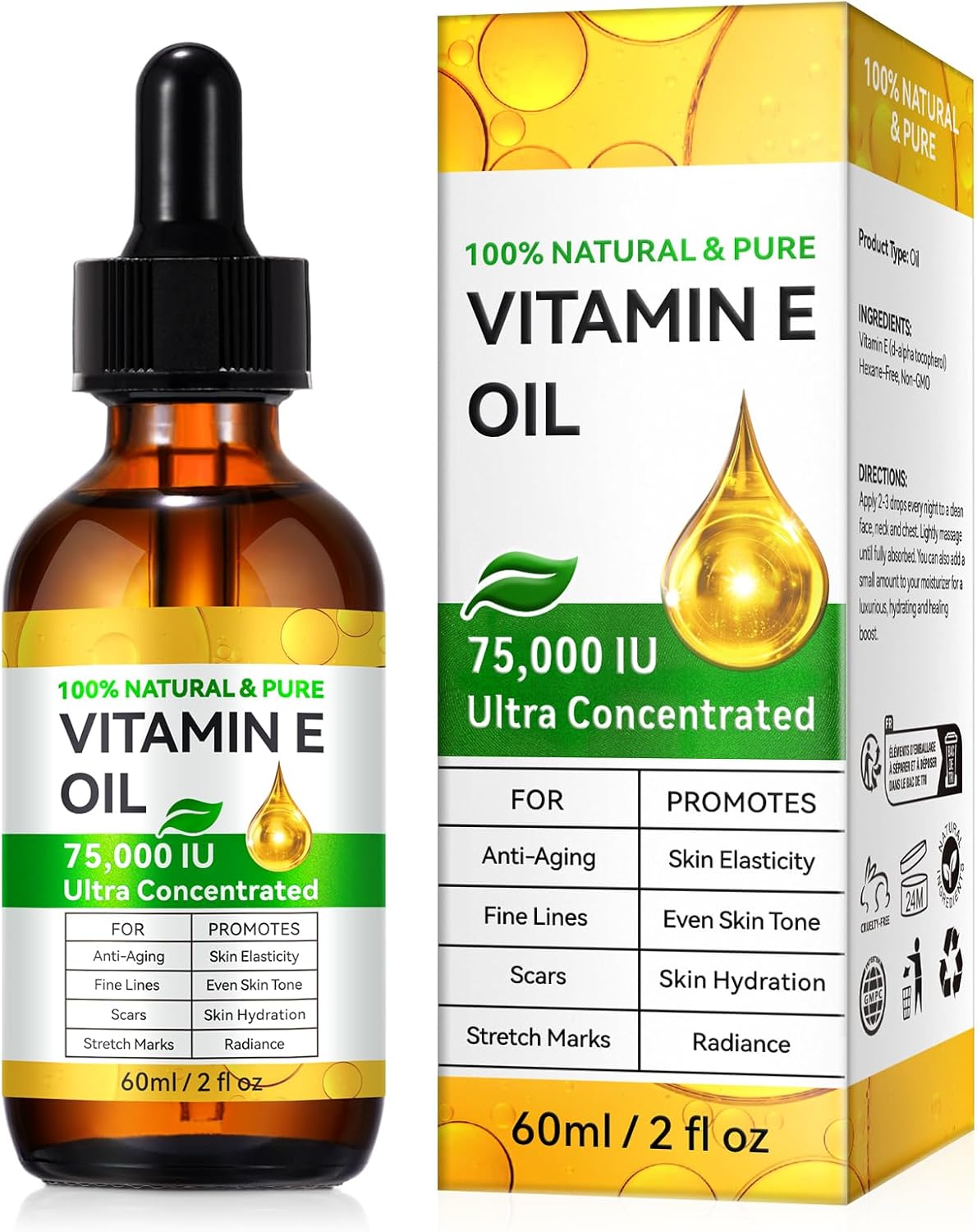 Ultra Pure Vitamin E Oil – Vitamin E Oil Blend 75,000 IU, Natural for Skin, Face, Hair and Scars, Body Oils Moisturizing Dry Skin and Winkles, Non-GMO, Gluten Free, 2Fl Oz