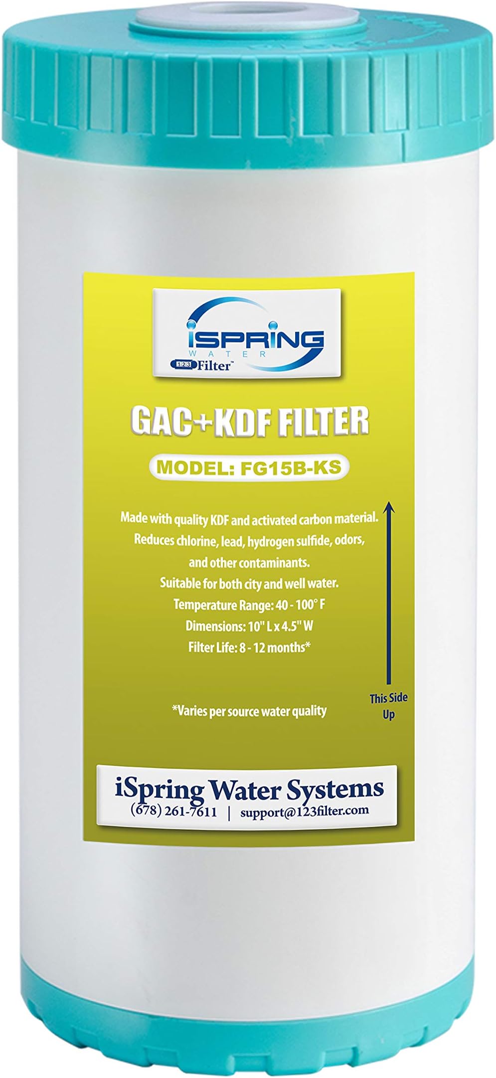 iSpring FG15B-KS Premium Quality Super Capacity GAC and KDF Carbon Filter Replacement Cartridge for Direct Connect Under Sink Water Filtration System US21B & US21B-CPB, 10” x 4.5”