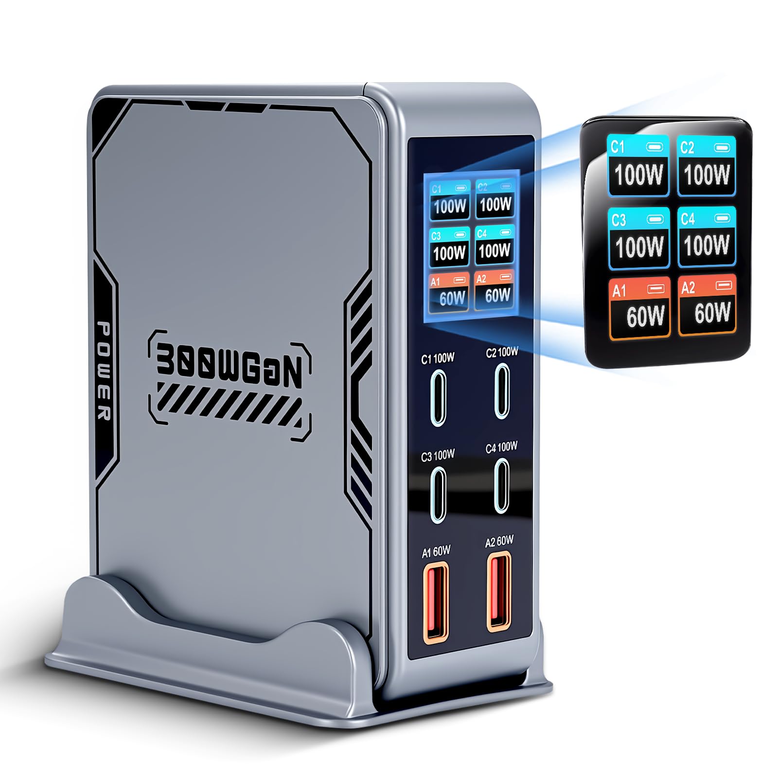 Chargeur USB C 6 en 1 et 300 W, écran LCD, station de charge GaN ultra rapide (4C+2A) Max PD100W/QC60W, chargeur multi-USB, compatible avec iPhone 17/16/15, iPad, Android et tablettes (argent)