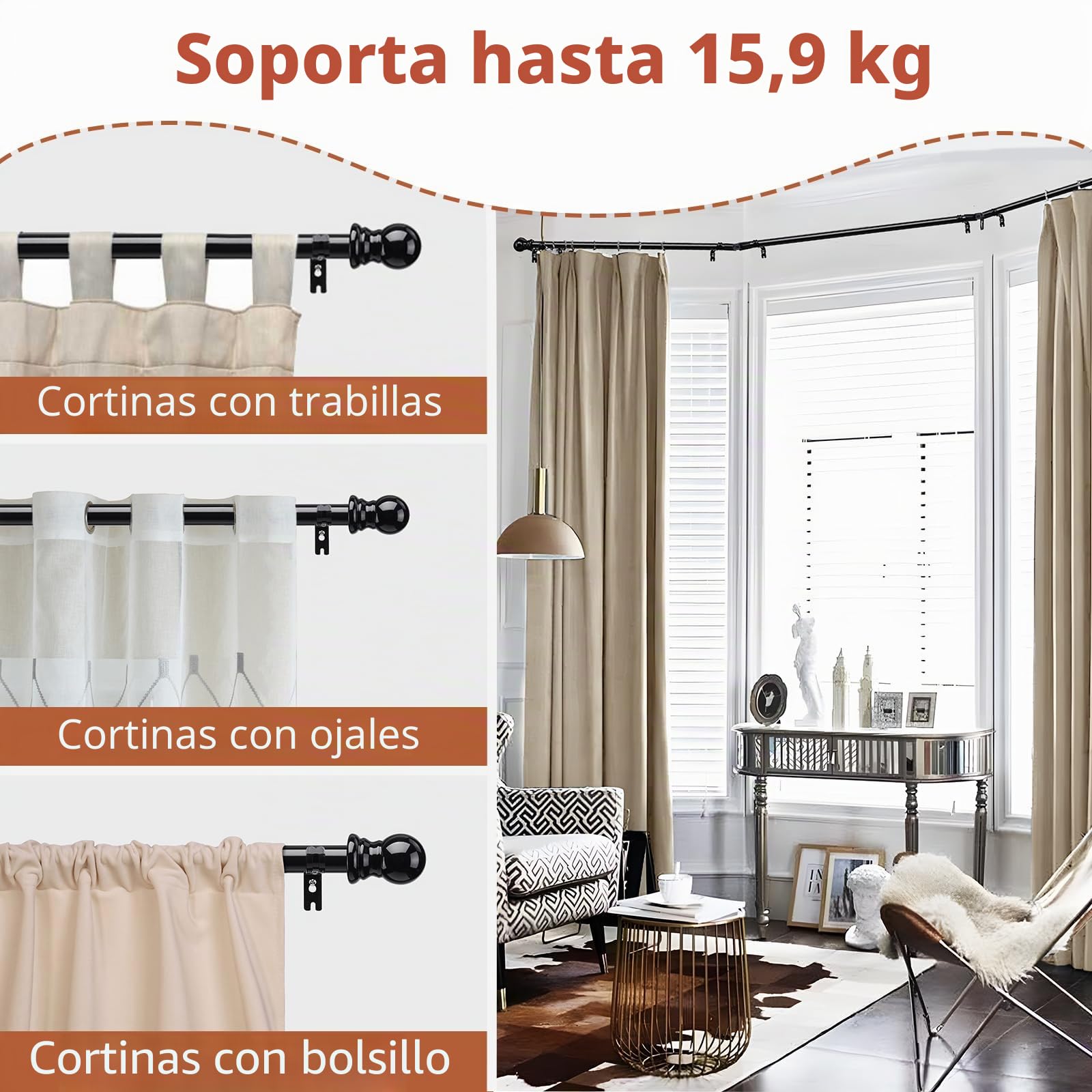 Barras de Cortina para Ventanas Saledizas, Barra de Cortina Curvada para Ventanas de 76 a 460 cm, 2 Codos Incluidos, 25 mm de Diámetro, Barra de Cortina Negra Resistente de 3 Lados para Dormitorio