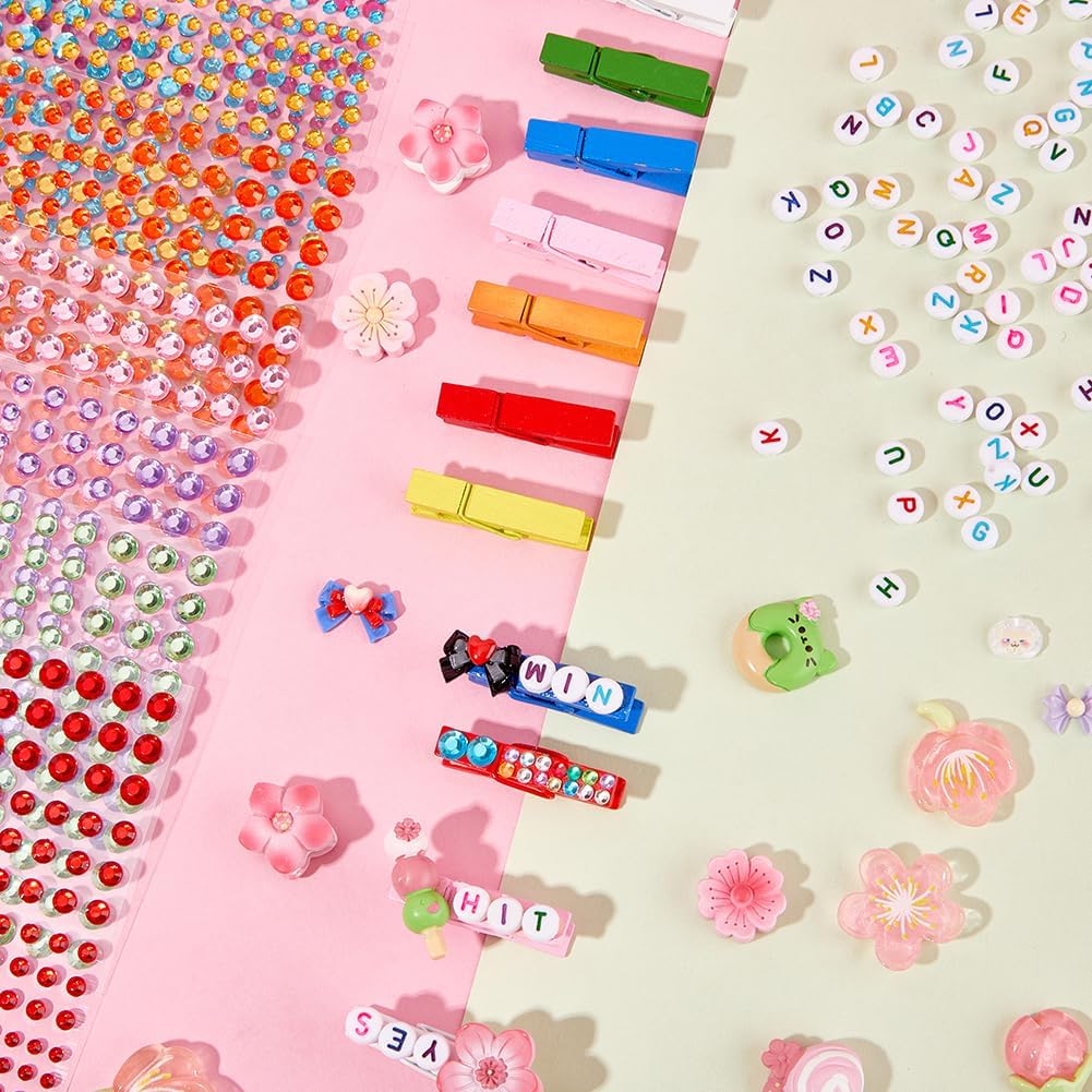 SOFPLATE 60 Set Cheer Craft Kit Cute Cheer Pins for Backpacks DIY Wooden Clips with Rhinestone Stickers Resin Charms Letter Beads for Cheer Team Gift Cheerleading Decoration Party Favor Supplies