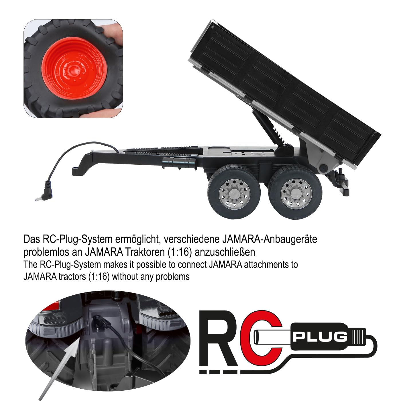 JAMARA 423282 wywrotka czarna do traktora RC 1:16 - akcesoria rolnicze, dodatek, wtyczka RC, pomysł na prezent dla dzieci, powierzchnia ładunkowa ręczna w górę/w dół, wytrzymałe tworzywo sztuczne