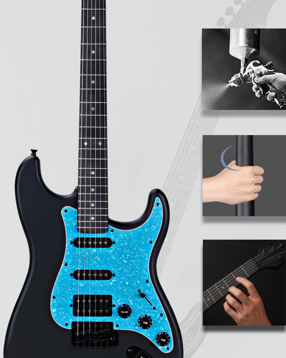 Winzz Erwachsene E-Gitarre 4/4 Größe, ST HSS Tonabnehmer, für Anfänger Starter Paket mit 12 Zubehör, Ideal Kinder E-Gitarre Kit 12+ Jahre (39" Matte Schwarz, Blau Schlagbrett)