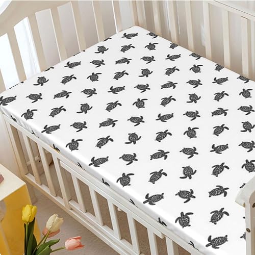 Miniatura 3 de Sábana bajera ajustable portátil para cuna con temática de tortuga marina, suave y elástica, para niños y niñas, 24 x 38 pulgadas, gris carbón y