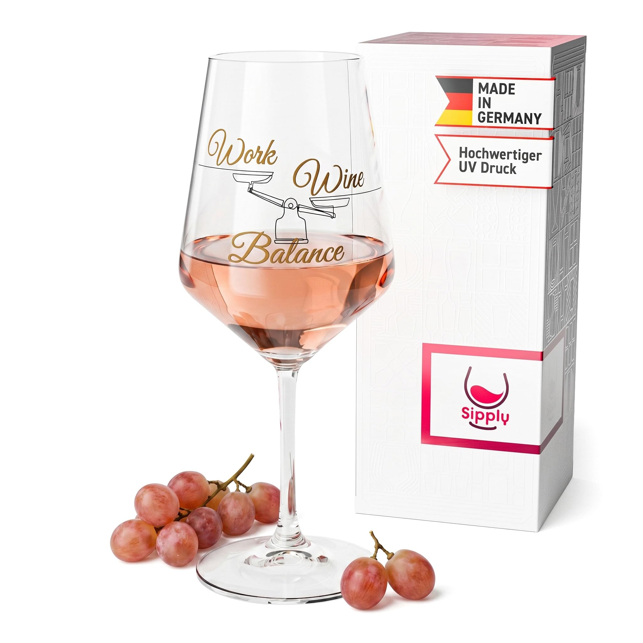 Weinglas mit Spruch Work Wine Balance 0,5l Glas lustig für Spritz Getränke Cocktails Sekt Schorle Bowle oder Saft