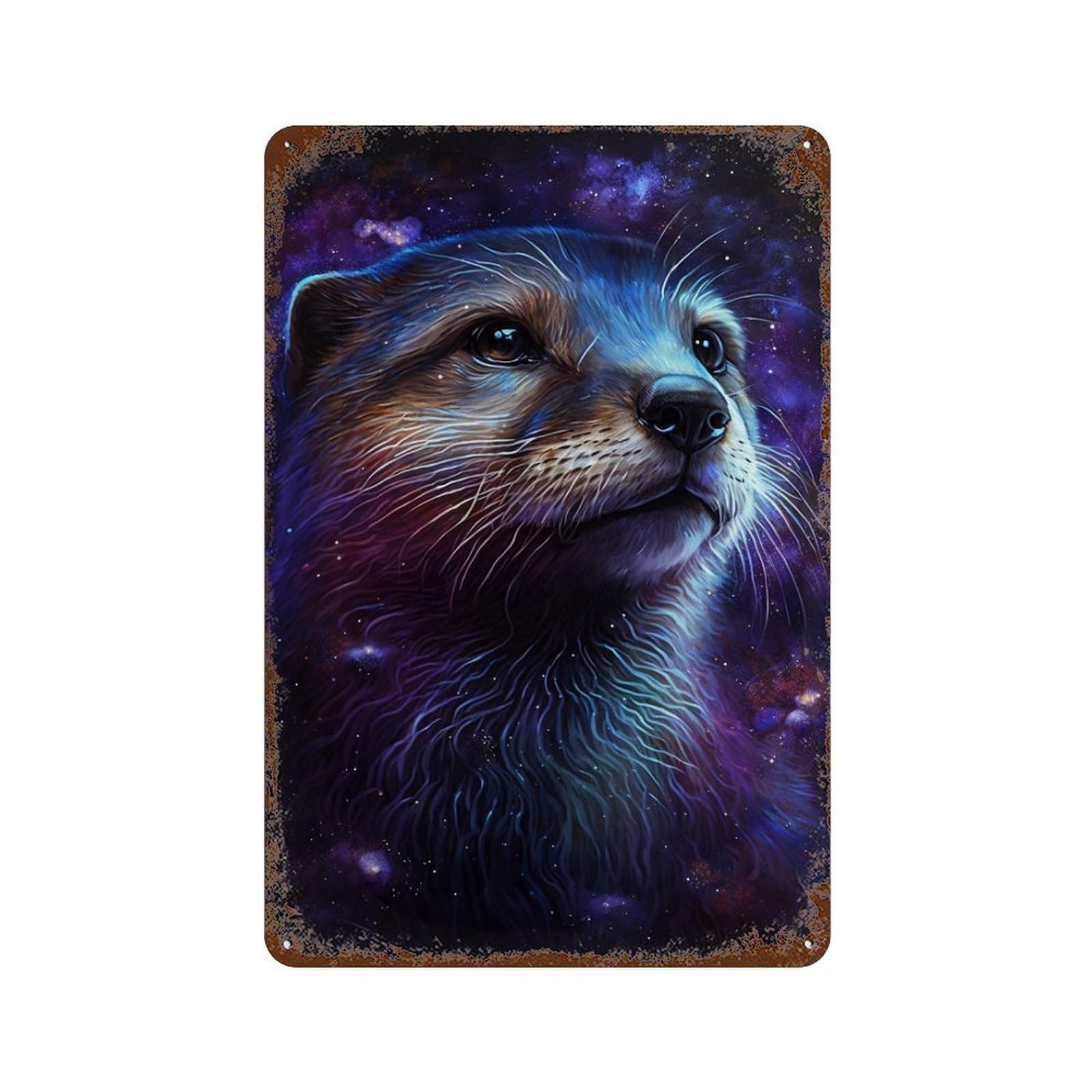 Distressed Metal Wall Sign with Cosmic Otter Portrait-5 Design 11.8"x7.9", for Cafe, Home Bar And Lounge Decor, Retro Wall Decor