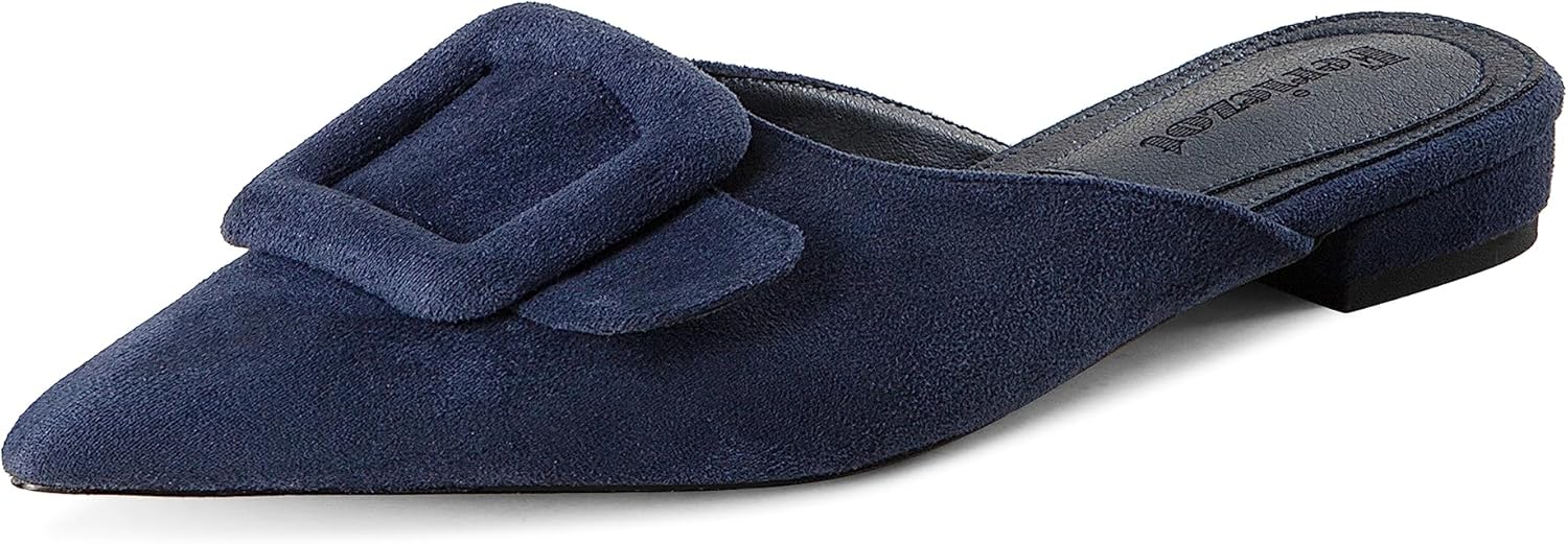 Fericzot Mule Slippers for Women,Slingback Buckle Flat Pointed Toe Backless Mule Slides Suede Slip On Loafers