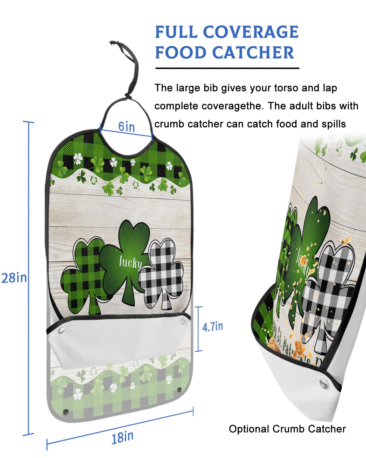 LEOKOTI St. Patrick's Day Adult Bibs for Eating, Waterproof Bibs with Food Catcher & Adjustable Snap Closure, Green and Black Checkered Lucky Clover on Wood Clothing Protectors Adult Bibs for Elderly