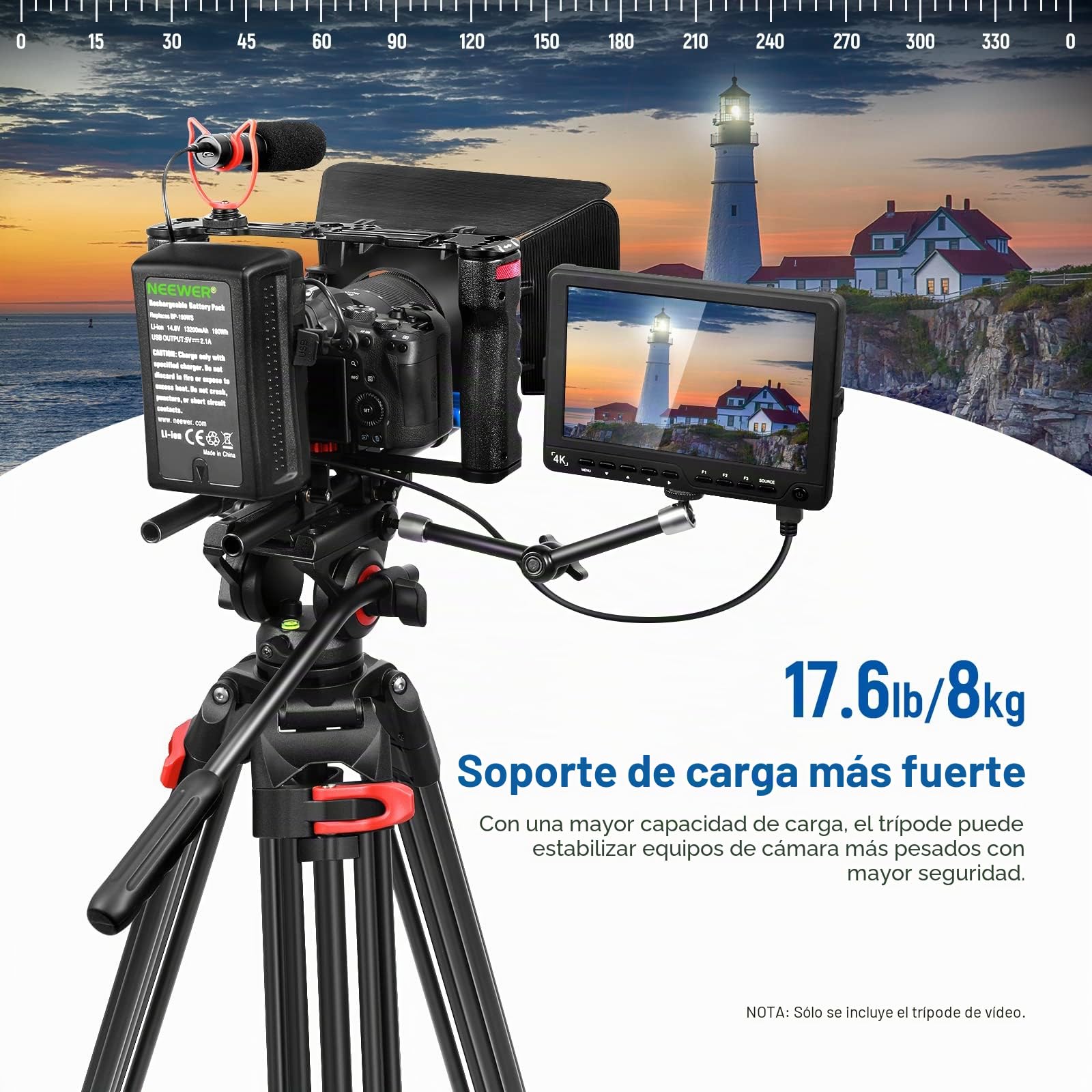NEEWER 74" Pro Video Trípode con Cabeza Fluida, Trípode de Aluminio Resistente con Pan de 360° y Placa de Liberación Rápida de Cabeza Inclinada de -70°/+90° y Esparcidor de Nivel Medio, MAX 8kg，GM88