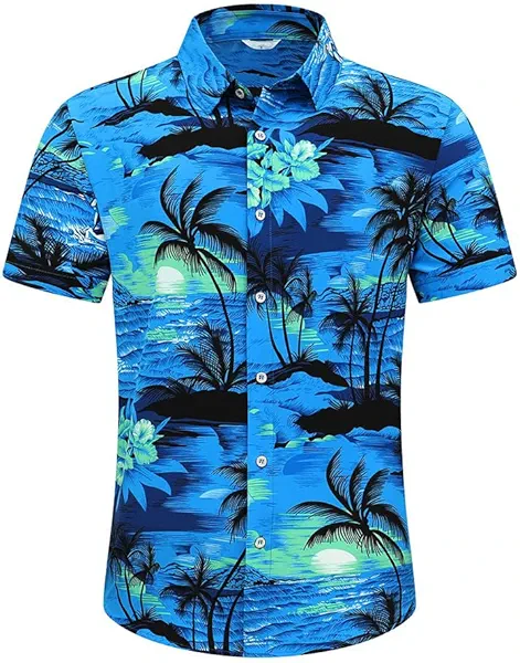 Men's Hawaiian Shirt Funky Blue Beach Printed Tropical Beach Shirt Casual Button Down Short Sleeve Floral Shirts Tops