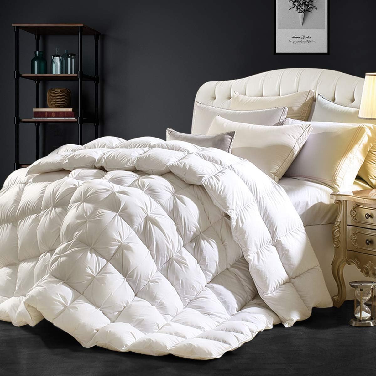 Dazzles Collection 100% Egyptian Cotton 750+ Fill Power Insert King Comforter 1200 Thread Count Pinch Pleat Design Down Proof Duvet Comforter with Corner Tabs for All Seasons, White 106x90Inches