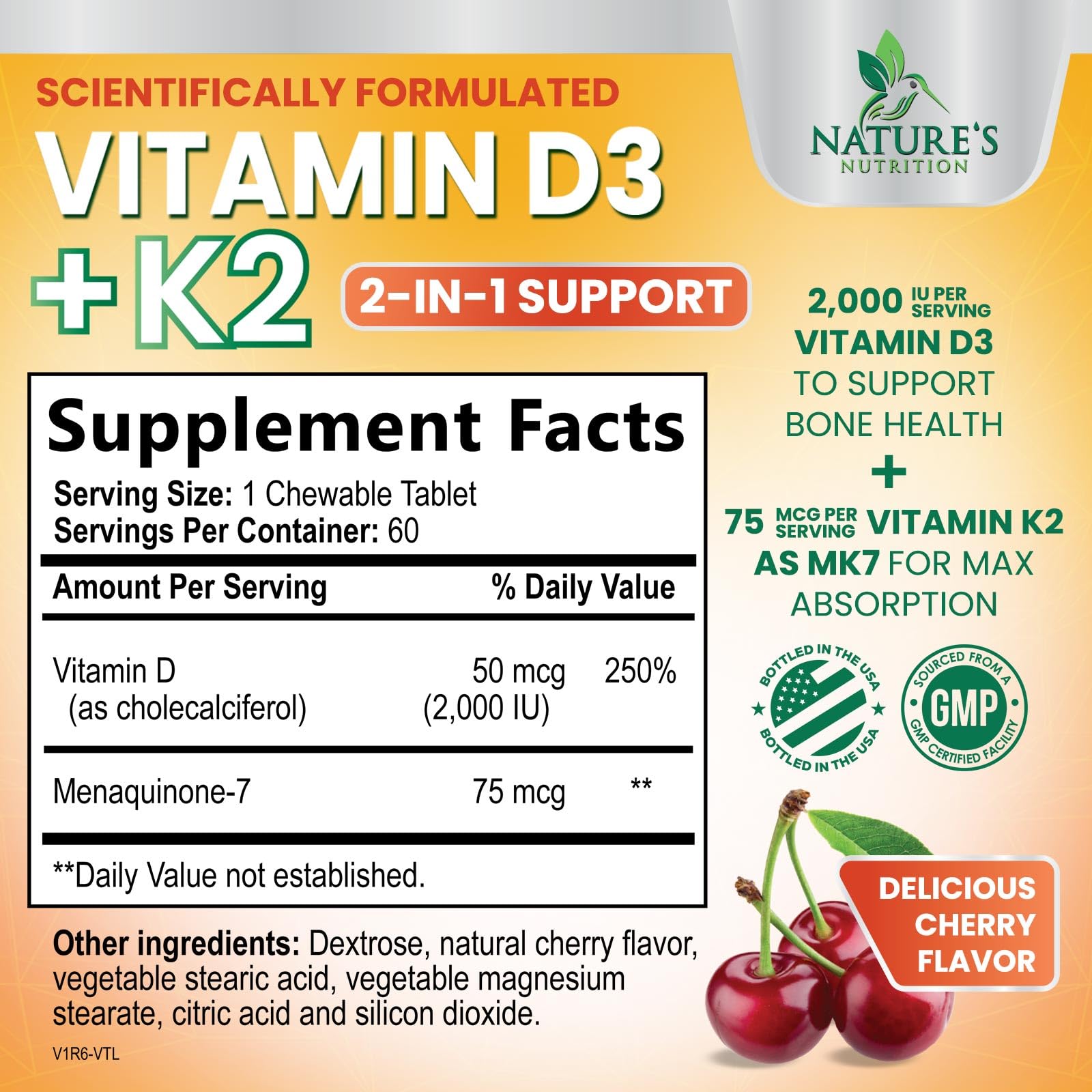 Vitamin D3 K2 Supplement 2000 IU D3 - Extra Strength MK-7 K with Vitamin D3 - For Immune Support, Heart, Teeth & Bone Health - Easy to Swallow, Max Absorption D3K2 Chewable, Berry Flavor - 60 Tablets — Amazon image 2