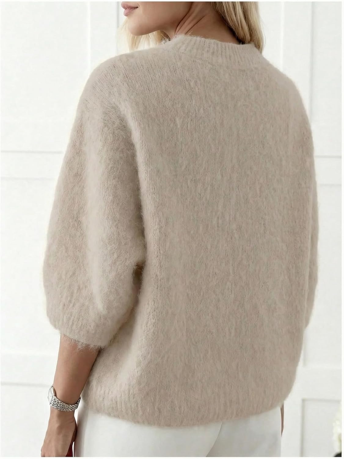 Women's Fuzzy 3/4 Sleeve Sweater Dressy Casual Crew Neck Loose Knit Fall Pullover Tops