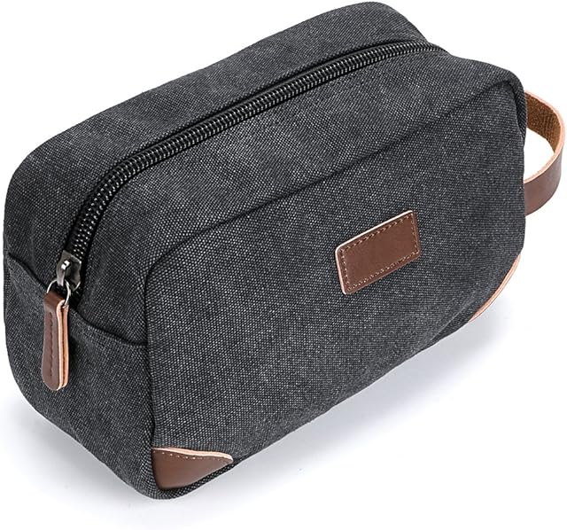 IGNPION Travel Cosmetic Wash Bag Unisex Toiletry Bag Vintage PU Canvas Compact Travel Make up Shaving Dopp Kit with Handle (Black)
