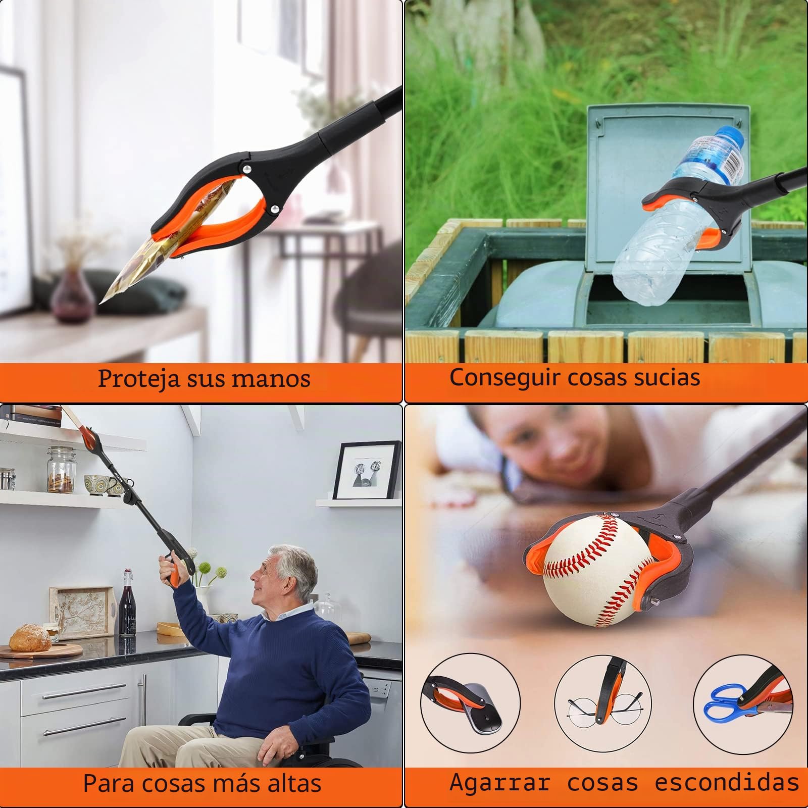 Jellas Pinza Plegable, Brazo en ángulo de 0° - 180°, Cabezal Giratorio de 360°, Herramienta de Agarre de 80 cm de Largo con Puntas magnéticas para recolección de Basura, extensión de Brazo (Naranja)