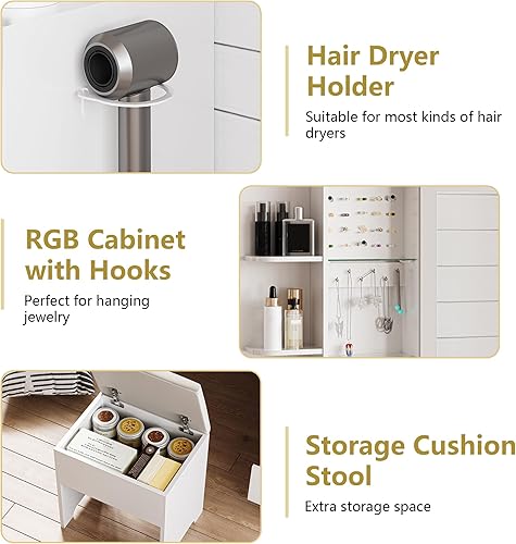 Miniatura 7 de Escritorio de tocador con espejo y luces, juego de mesa de tocador de maquillaje con 5 cajones de almacenamiento, toma de corriente y silla, pequeño