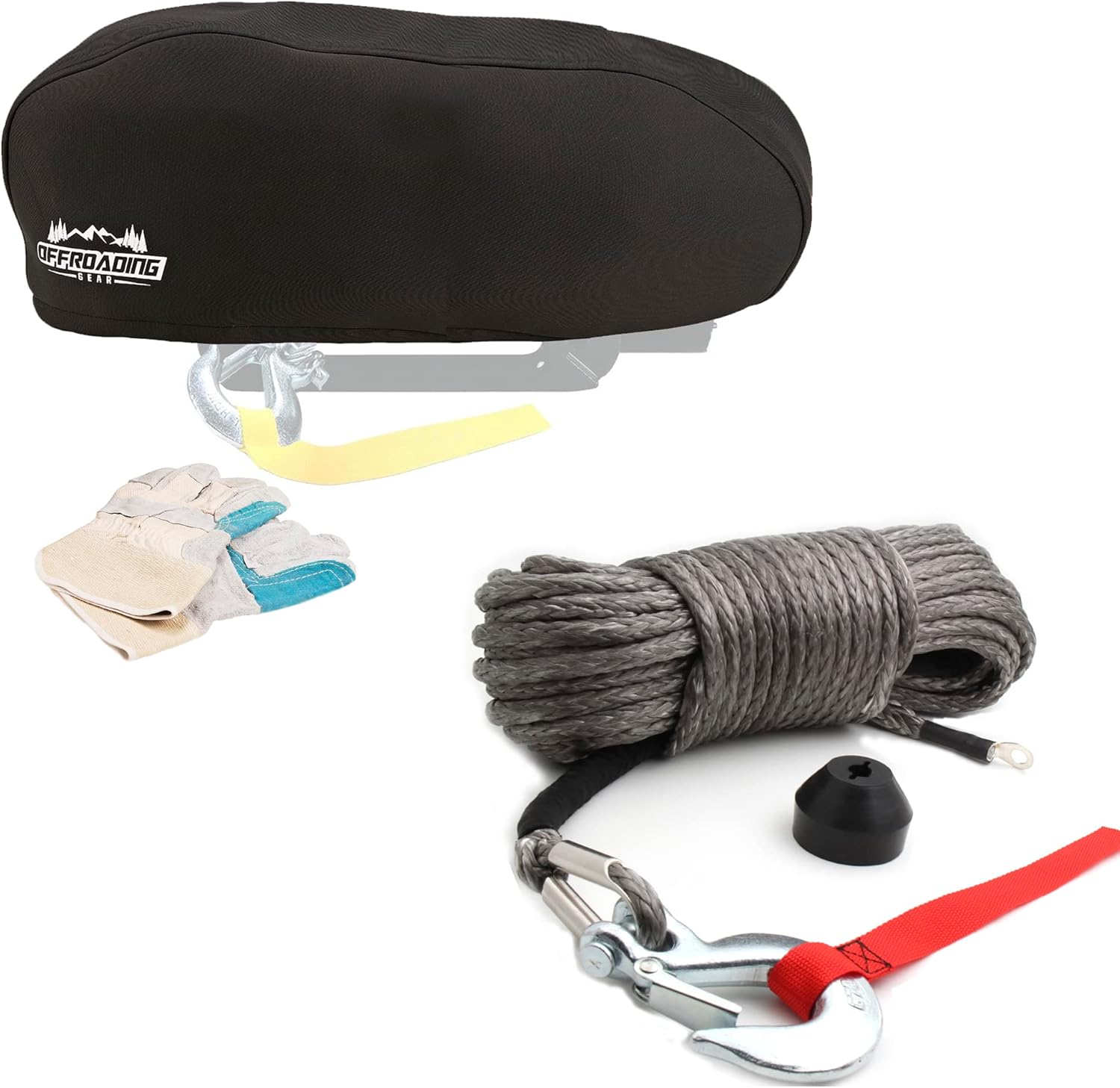 Offroading Gear 12, 000lbs Winch Cover and 50'x1/4” 4x4 Heavy-Duty Synthetic Winch Rope Kit w/ Free Gloves