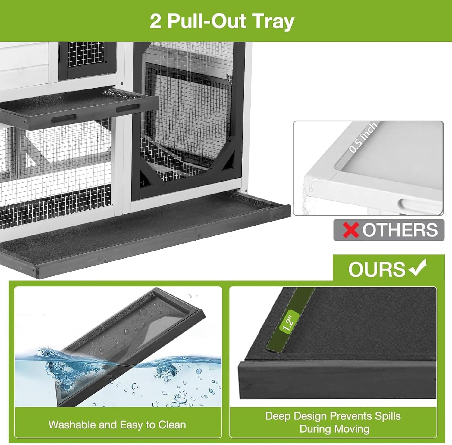 Rabbit Hutch Indoor Outdoor, 2-Story Bunny Cage with Wheels, Wooden Rabbit House with Leakproof Trays, Rain Cover, Guinea Pig Cages with Chew-Proof Ramp (White)