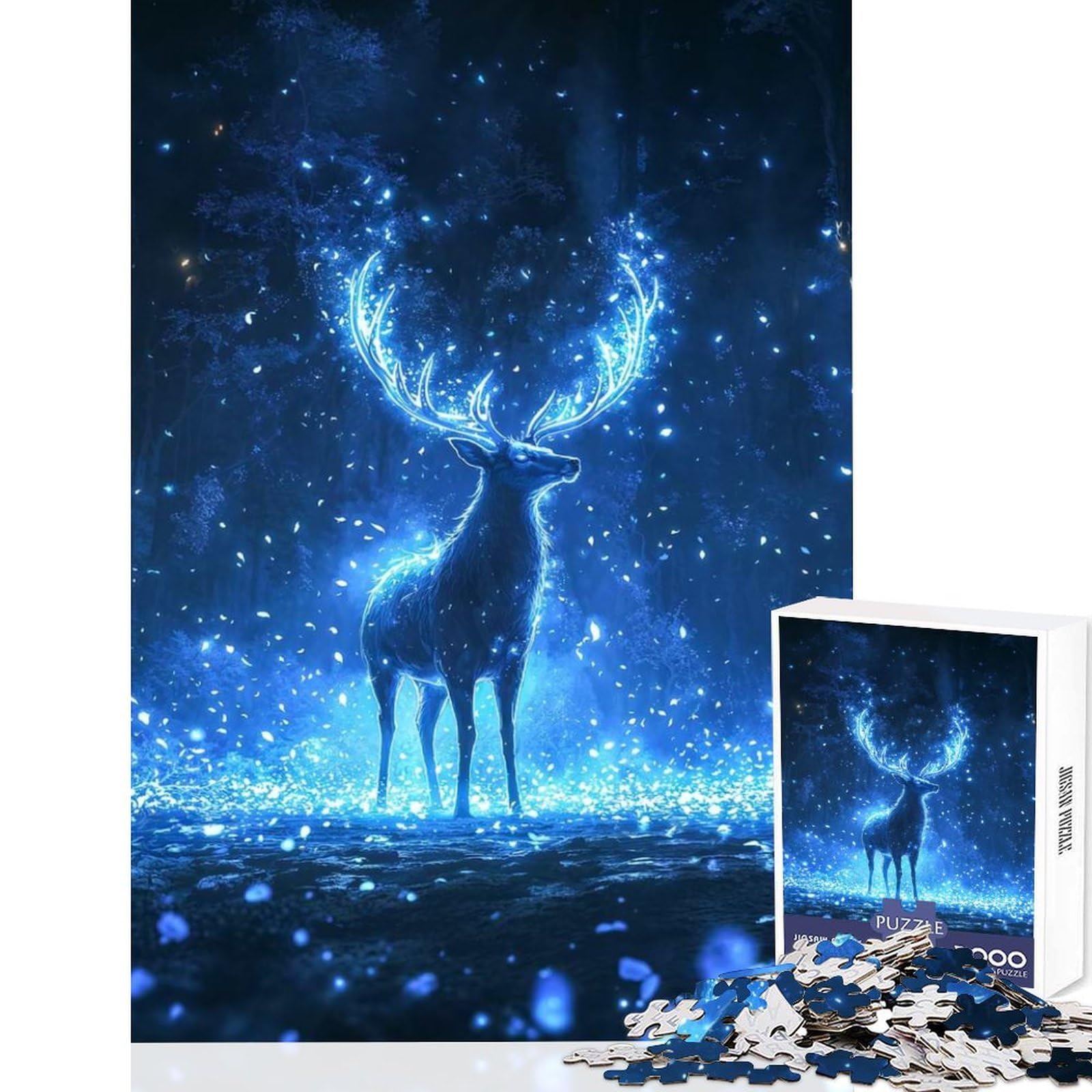 Magical Deer in Blue Forest Jigsaw Puzzles1000 Pieces Brain Teaser Gift Neat Cut Perfect Alignment Quiet Time Mind Exercise at Home 38x26cm