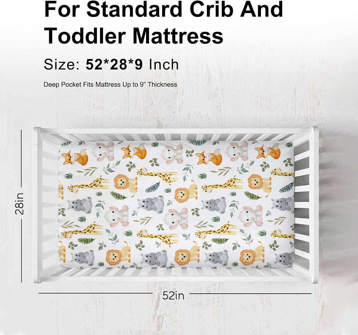 Jungle Safari Animals Tropical Leaves Baby Crib Sheet for Girl Boy 52"x28" Elephant Lion Giraffe Hippo Fox Soft Breathable Toddler Nursery Bed Sheet Fits All Standard Crib and Toddler Mattress Pads
