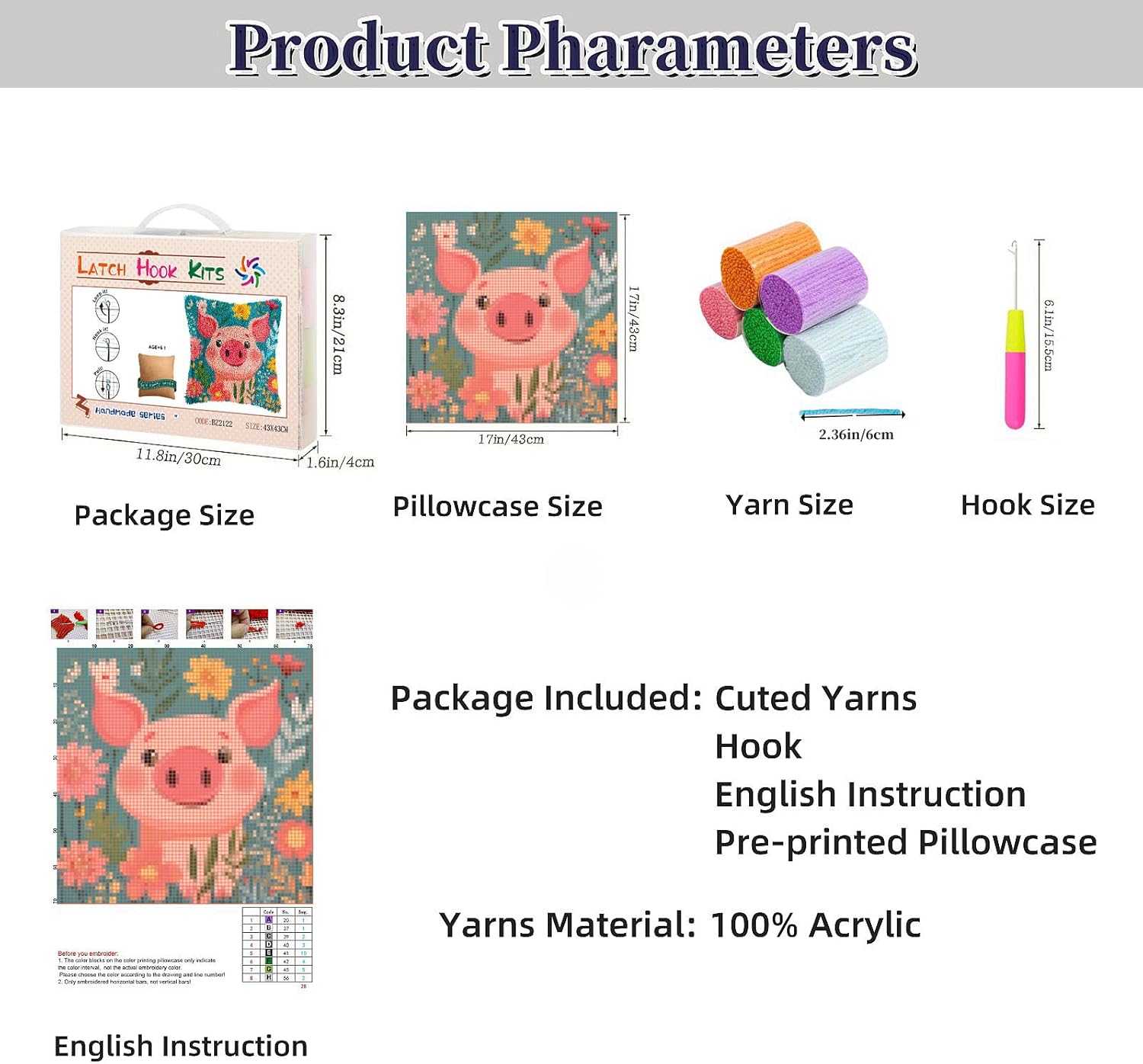 DIY Latch Hook Pillow Kits Cute Cartoon Pig in Flowers Stamped Handamade Pillowcase Crochet Yarn Hook and Latch Emboridery Throw Pillow Cover for Home Sofa Decor 43x43cm(22)