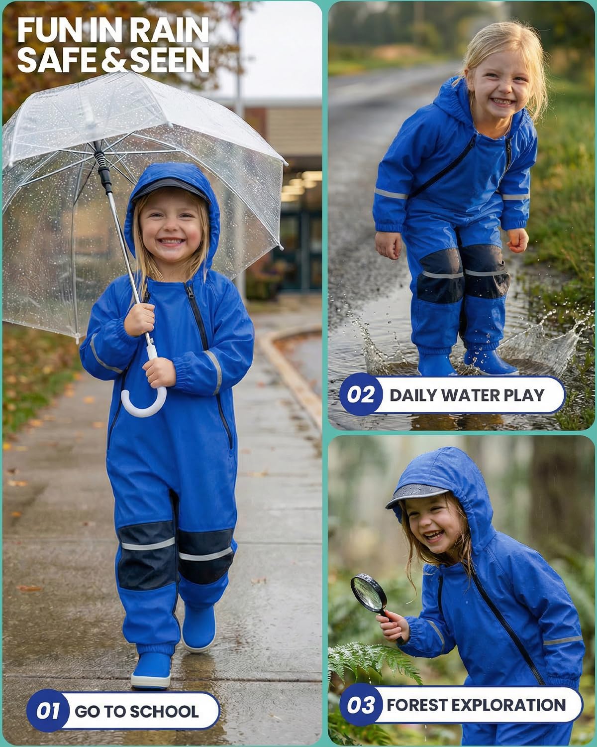 DivingBirds Kids Toddler Rain Suit Waterproof Coverall, Hooded Full-Body Raincoat For Outdoor Play (Ages 1–12)
