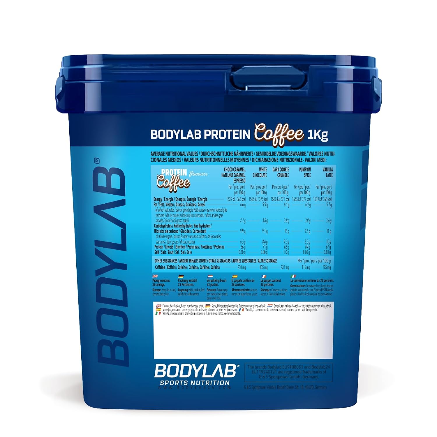 Bodylab24 Protein Coffee Hazelnut Caramel 1000 g, with 20 g Protein from Whey Protein and 69 mg Caffeine per Serving, the Ideal Protein Caffeine Kick for Breakfast, Between Meals or Before Training hazelnut caramel 1000 g (1er Pack)