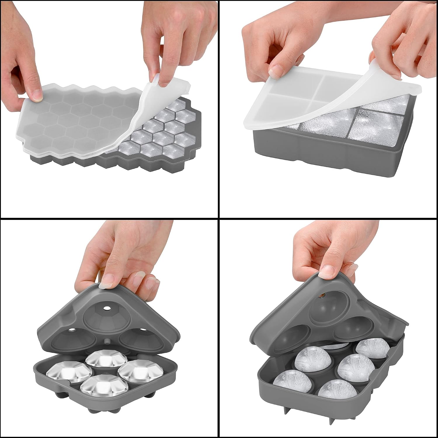 Ice Cube Tray,Silicone Ice Cube Molds for Freezer with Lid (Set of 4) - Sphere Ice Ball, Large Square, Diamond Cut & Hexagonal Shapes Ice Maker for Whiskey,Reusable and BPA Free (4, Grey)